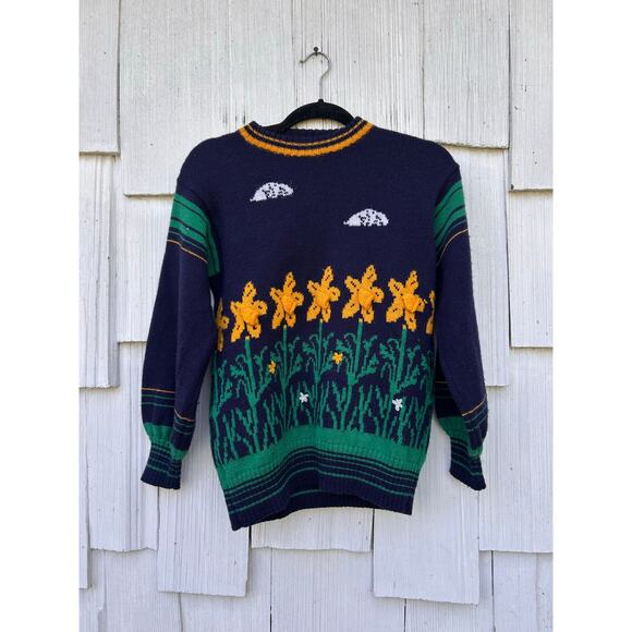 Clover Casuals Daffodil Garden Knit Sweater Womens Small‎ Navy Blue - Picture 2 of 9